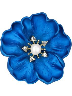 Anthropologie Blue Enamel Flower Brooch with Pearl and Crystals